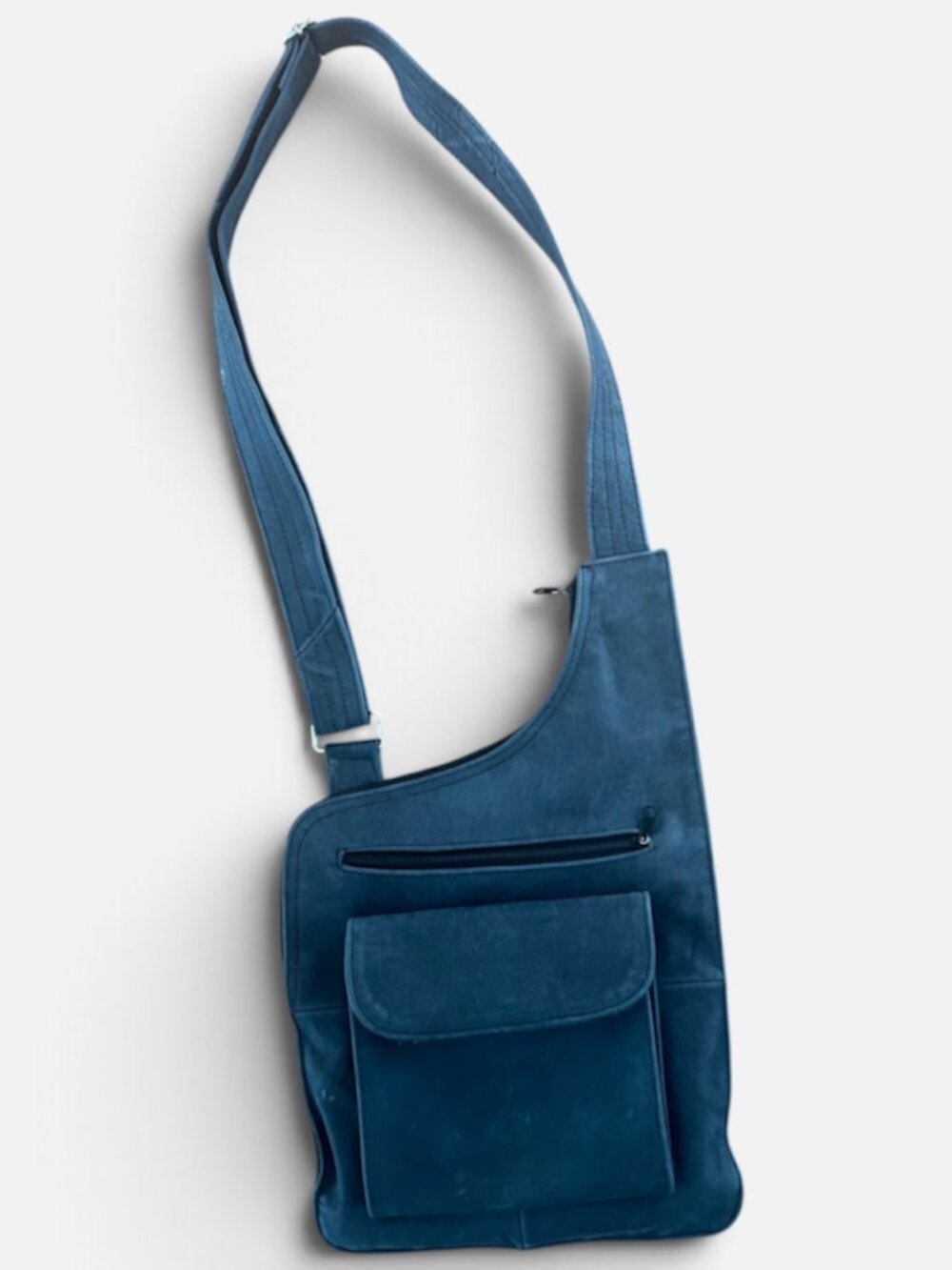 NWOT Vertical Crossbody Sling Bag Genuine Leather Suede Nubuck Navy Gray Artisan